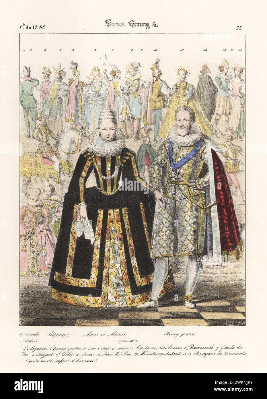 King Henry IV of France and second wife, Marie de Medicis in their wedding outfits, 1600. King in ruff collar, doublet and breeches, hose, with cross of the Order of the Holy Spirit. Mary in gown with embroidered hoopskirts. Gabrielle d'Estres, Seigneur, Marie de Medicis, Henry 4. Sous Henry 4. Handcoloured lithograph by Godard after an illustration by Charles Auguste Herbé from his own Costumes Francais, Civils, Militaires et Religieux, French Costumes, Civil, Military and Religious, Maison Martinet, Paris, 1837. Stock Photo