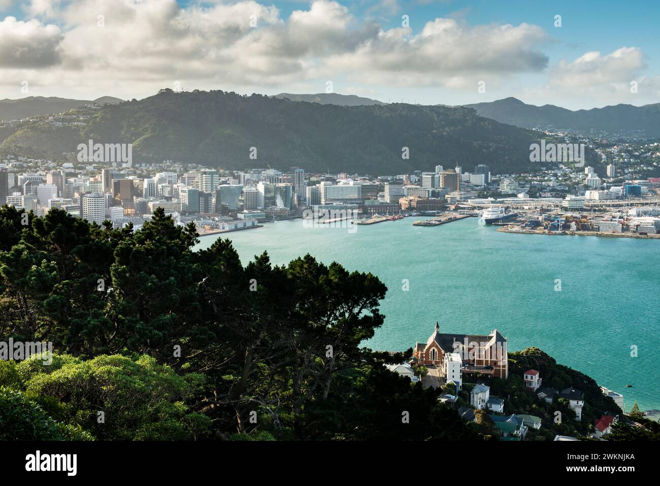 View to Wellington Harbour and city from Mount Victoria, New Zealand - St Gerard's Church and Monastery in the foreshore Stock Photo
