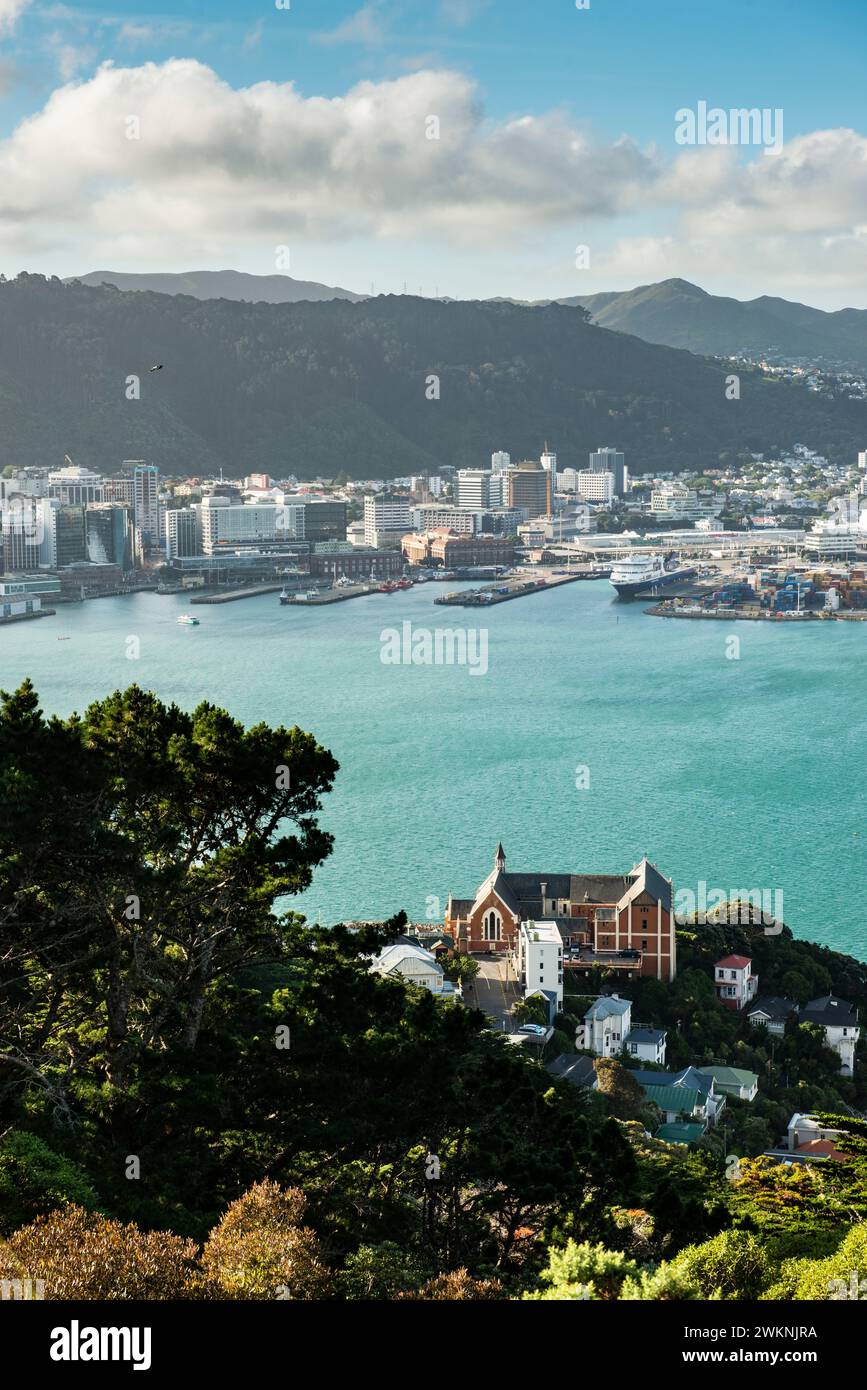 View to Wellington Harbour and city from Mount Victoria, New Zealand - St Gerard's Church and Monastery in the foreshore Stock Photo