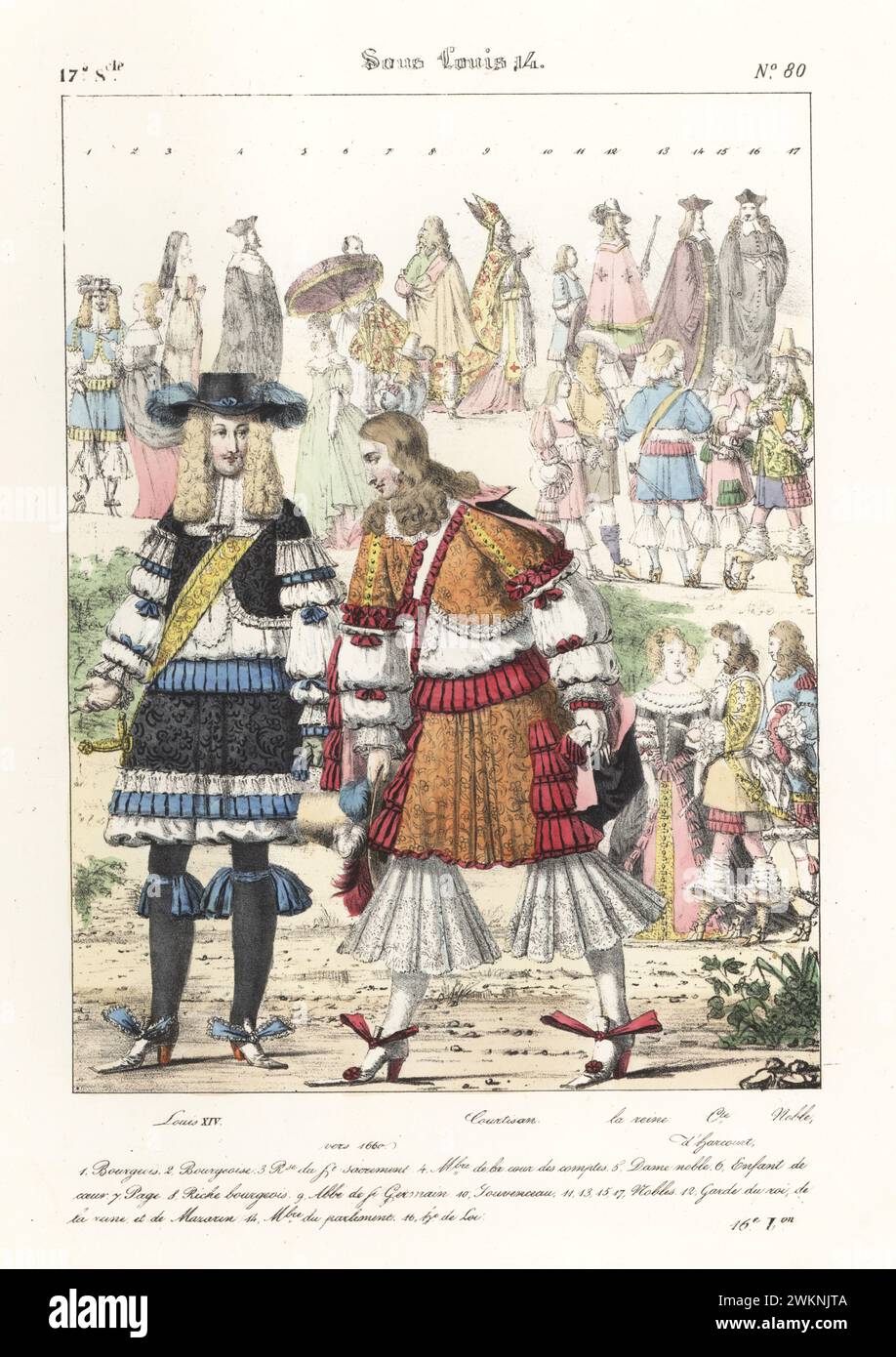 King Louis XIV with courtier, mid-17th century. The Sun King in embroidered waistcoat and pantalons, with frilled sleeves and breeches, garders, hose, ribbon shoes, court sword. With Queen Maria Theresa of Spain and Henri, Count of Harcourt. Louis XIV, Courtisan, la Reine, Comte d'Harcourt, Noble. Sous Louis 14. Handcoloured lithograph by Godard after an illustration by Charles Auguste Herbé from his own Costumes Francais, Civils, Militaires et Religieux, French Costumes, Civil, Military and Religious, Maison Martinet, Paris, 1837. Stock Photo