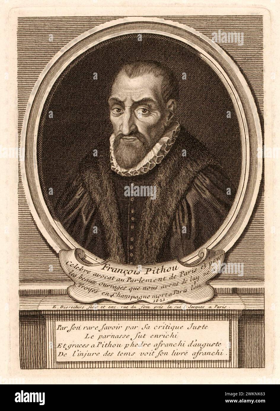 1585 c. , FRANCE : The italian jurist , historian and writer  François PITHOU ( 1543 - 1621 ), young bother of  Pierre Pithou ( 1543 - 1596 ). Portrait engraved by  Etienne Desrochers , pubblished in 1726 c. , Paris . - HISTORY - FOTO STORICHE - HISTORIAN - STORICO - SCRITTORE - WRITER - LETTERATURA - LITERATURE - giureconsulto - GIURISTA - LEGGE - LAY - nobili - nobiltà francese - french nobility - FRANCIA - INCISIONE - ENGRAVING - ILLUSTRATION - ILLUSTRAZIONE  - collar - collare - colletto - GORGIERA - pizzo - lace -   beard - barba --- Archivio GBB Stock Photo
