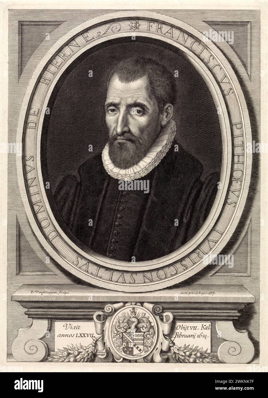 1585 c. , FRANCE : The italian jurist , historian and writer  François PITHOU ( 1543 - 1621 ), young bother of  Pierre Pithou ( 1543 - 1596 ). Portrait engraved by  Pieter van Schuppen , pubblished in 1685 , Paris . - HISTORY - FOTO STORICHE - HISTORIAN - STORICO - SCRITTORE - WRITER - LETTERATURA - LITERATURE - giureconsulto - GIURISTA - LEGGE - LAY - nobili - nobiltà francese - french nobility - FRANCIA - INCISIONE - ENGRAVING - ILLUSTRATION - ILLUSTRAZIONE  - collar - collare - colletto - GORGIERA - pizzo - lace -   beard - barba --- Archivio GBB Stock Photo