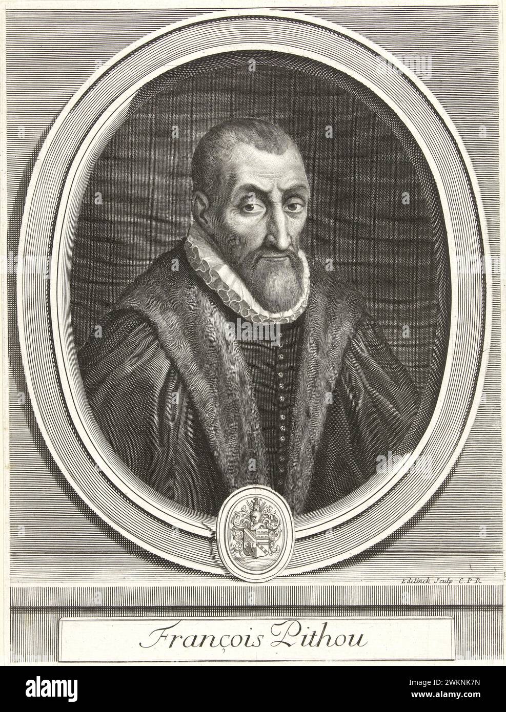 1585 c. , FRANCE : The italian jurist , historian and writer  François PITHOU ( 1543 - 1621 ), young bother of  Pierre Pithou ( 1543 - 1596 ). Portrait engraved by Gerard Edelinck ( 1666 - 1707 ), pubblished in 1700 c. , Paris . - HISTORY - FOTO STORICHE - HISTORIAN - STORICO - SCRITTORE - WRITER - LETTERATURA - LITERATURE - giureconsulto - GIURISTA - LEGGE - LAY - nobili - nobiltà francese - french nobility - FRANCIA - INCISIONE - ENGRAVING - ILLUSTRATION - ILLUSTRAZIONE  - collar - collare - colletto - GORGIERA - pizzo - lace -   beard - barba - fur - pelliccia --- Archivio GBB Stock Photo