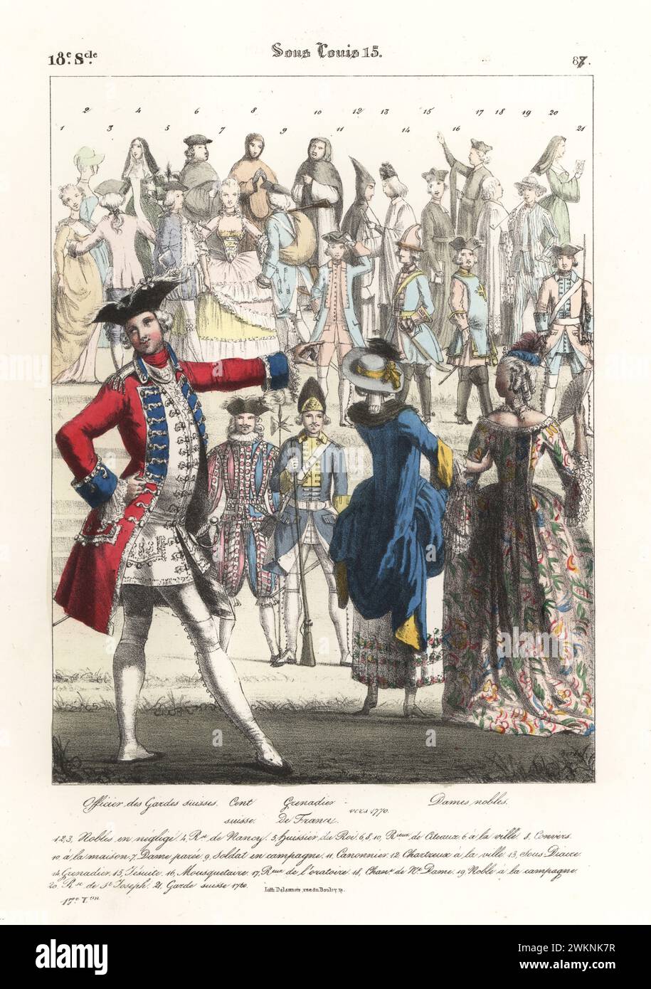 Officer of the Swiss Guards with French noblewomen, 18th century. With a soldier of the Hundred Swiss and a French Grenadier in military uniform. Officier des Gardes Suisses, Cent Suisse, Grenadier de France, Dames nobles. Sous Louis 15. Handcoloured lithograph by Godard after an illustration by Charles Auguste Herbé from his own Costumes Francais, Civils, Militaires et Religieux, French Costumes, Civil, Military and Religious, Maison Martinet, Paris, 1837. Stock Photo