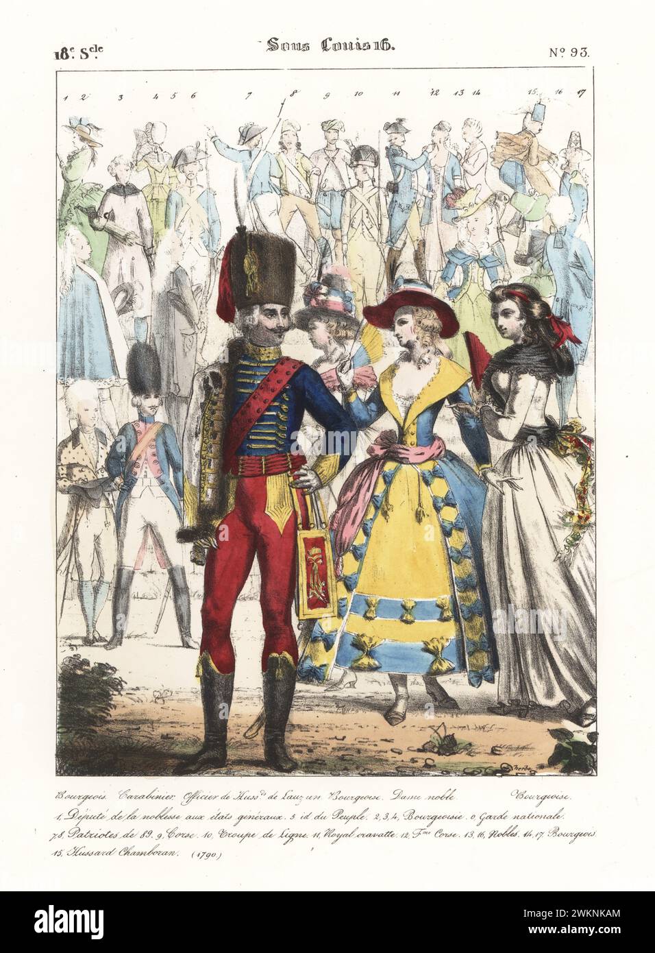 Officer of the French 5th Hussars with women, 18th century. Lauzun's Hussars officer in bearskin, pelisse, breeches and boots. Bourgeois woman in bonnet, dress with petticoats and riboons. Bourgeoise, Carabinier, Officier de Hussards de Lauzun, Bourgeois, Dame noble. Sous Louis 16. Handcoloured lithograph by Godard after an illustration by Charles Auguste Herbé from his own Costumes Francais, Civils, Militaires et Religieux, French Costumes, Civil, Military and Religious, Maison Martinet, Paris, 1837. Stock Photo
