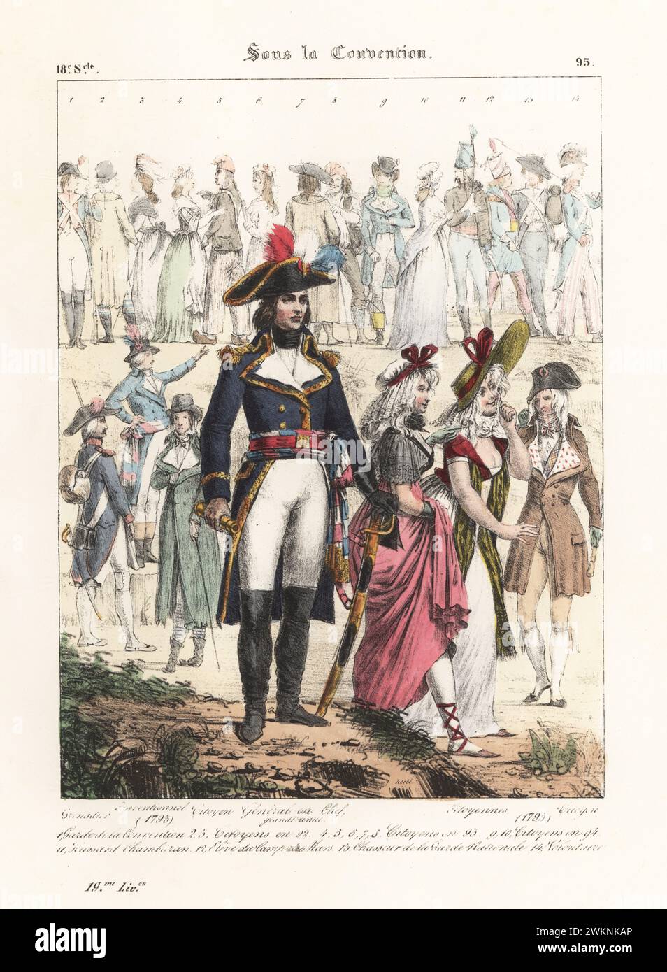General in uniform (Napoleon?) of the French Republican Army, with Incroyables and Merveilleuses, under the Convention.. Grenadier, Conventionnel, Citoyen, General en Chef, Citoyennes. Sous la Convention. Handcoloured lithograph by Godard after an illustration by Charles Auguste Herbé from his own Costumes Francais, Civils, Militaires et Religieux, French Costumes, Civil, Military and Religious, Maison Martinet, Paris, 1837. Stock Photo