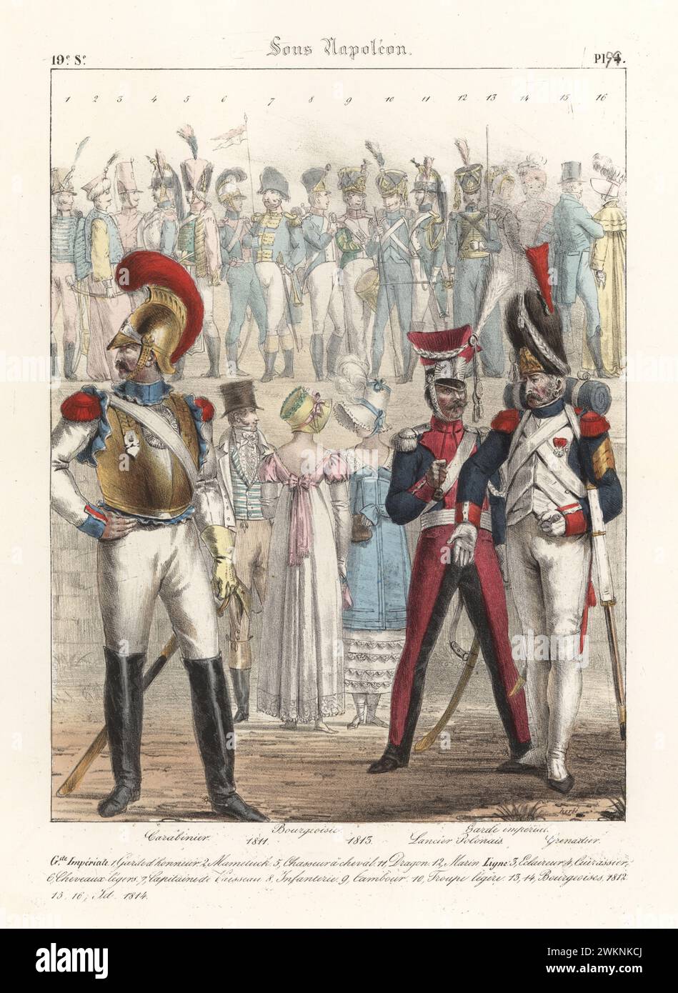 French military uniforms of the First Empire, 19th century. French Horse Carabinier in brass helmet and cuirass, Polish Lancer and Imperial Guardsman, with bourgeois citizens. Carabinier, Bourgeoisie, Lancier Polonais, Garde Imperial, Grenadier. Sous Napoleon. Handcoloured lithograph by Godard after an illustration by Charles Auguste Herbé from his own Costumes Francais, Civils, Militaires et Religieux, French Costumes, Civil, Military and Religious, Maison Martinet, Paris, 1837. Stock Photo