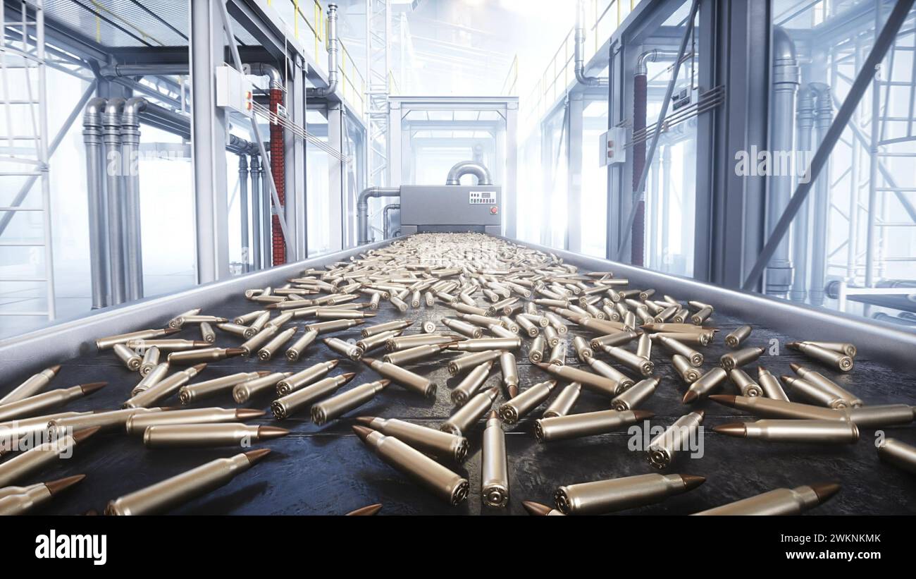 Bullet production, factory. Production line. War concept. 3d rendering ...
