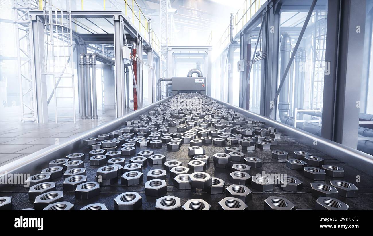 Metallic nut process production. Factory, production line. 3d rendering ...
