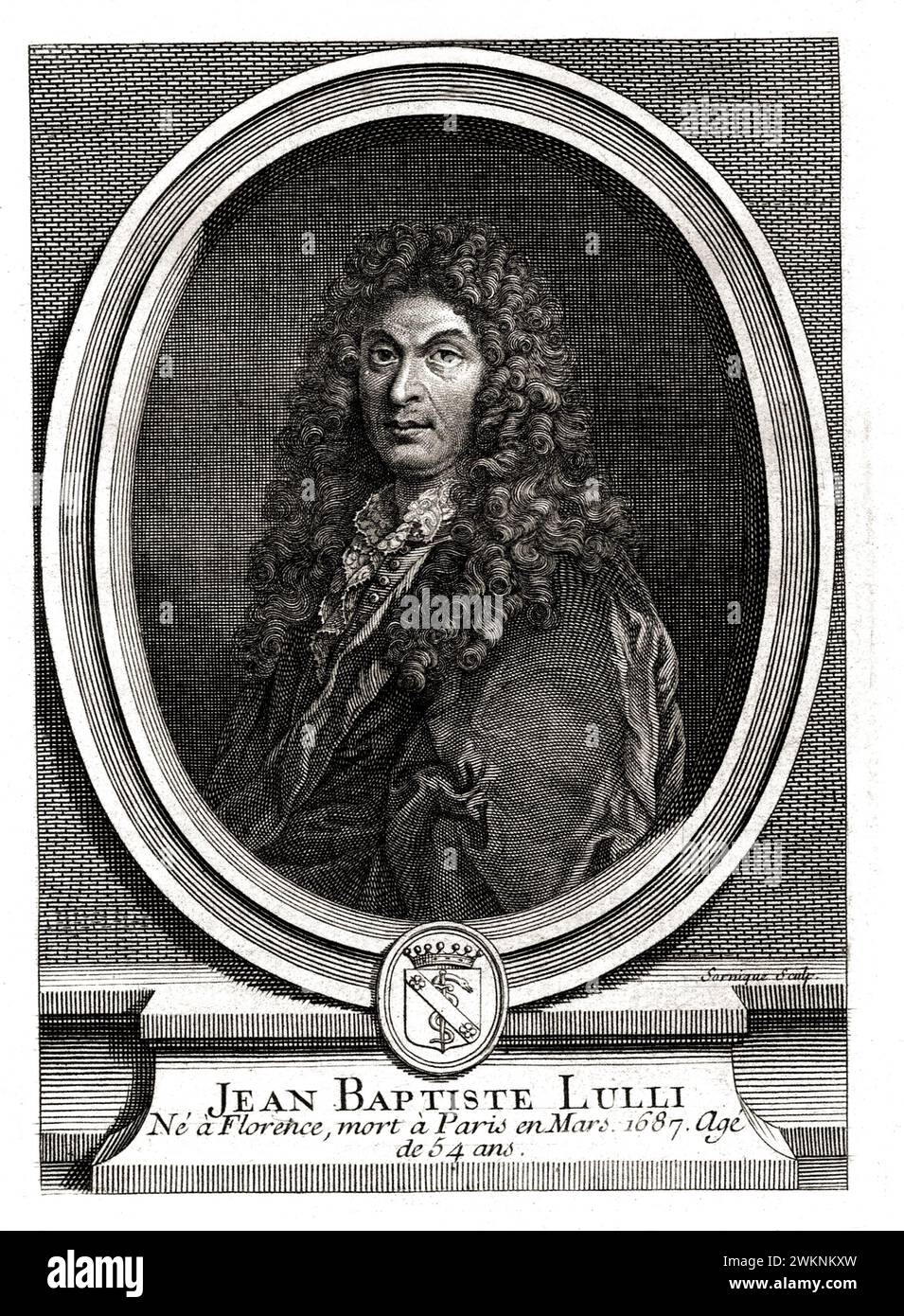 1670 ca, FRANCE : The italian- french baroque music composer Jean Baptiste LULLY  ( Giovanni Battista  LULLI , 1633 - 1687 ) at King LOUIS XIV court . Portait engraving by Sornique .  - Re Sole - Luigi XIV - BAROCCO - BAROQUE - musica classica barocca - CLASSICAL - MUSICA CLASSICA BAROCCA - classical - COMPOSITORE BAROCCO - BAROQUE - incisione - Granducato di Toscana - Giovanni Battista - Giovanbattista - Giovan Battista - GAY - omosessuale - omosessualità - homosexuality - homosexual - GLBTQ - curls - riccioli - boccoli - parrucca - wig - curling  --- Archivio GBB / CONTRASTO Stock Photo