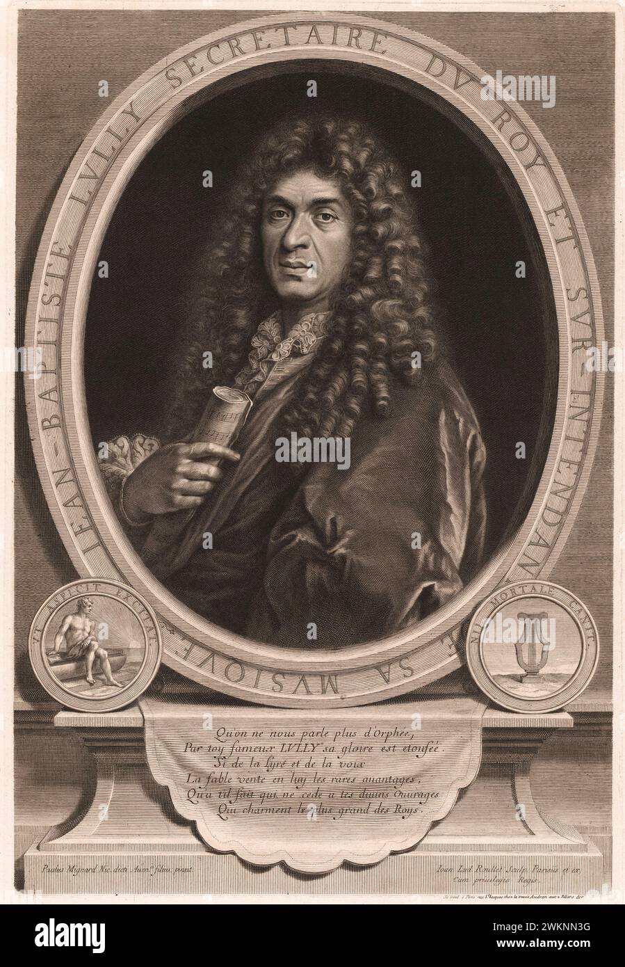 1670 ca, FRANCE : The italian- french baroque music composer Jean Baptiste LULLY  ( Giovanni Battista  LULLI , 1633 - 1687 ) at King LOUIS XIV court . Portait engraving by Jean Ludovic ROULLET from original design by painter Paul MIGNARD, pubblished in Paris .  - Re Sole - Luigi XIV - BAROCCO - BAROQUE - musica classica barocca - CLASSICAL - MUSICA CLASSICA BAROCCA - classical - COMPOSITORE BAROCCO - BAROQUE - incisione - Granducato di Toscana - Giovanni Battista - Giovanbattista - Giovan Battista - GAY - omosessuale - omosessualità - homosexuality - homosexual - GLBTQ - curls - riccioli - boc Stock Photo