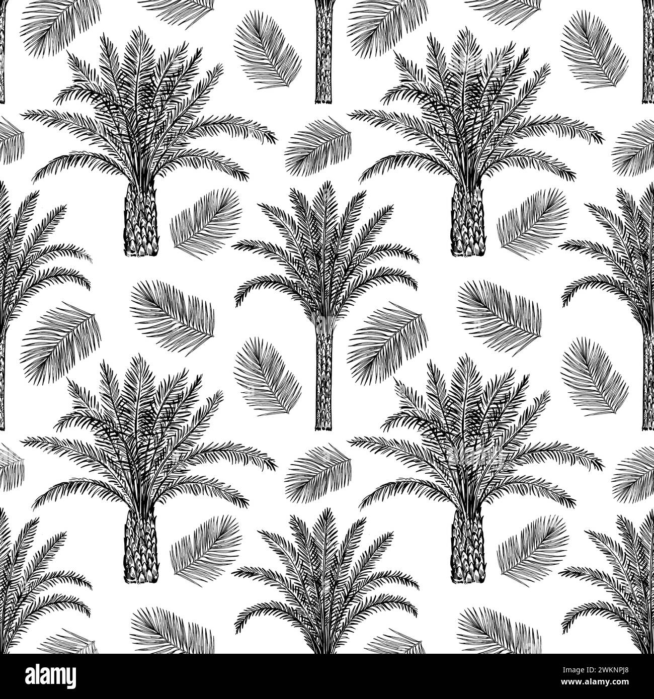Seamless pattern with palm trees trees and leaves. Toile de Jouy retro engraving style. Stock Vector
