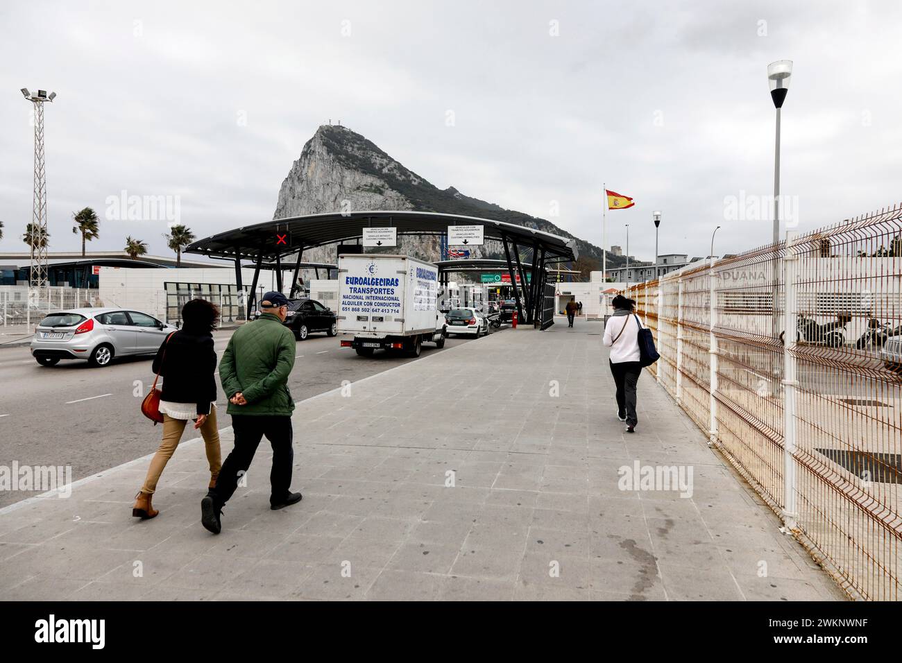 People on the way to the border crossing to Gibraltar, 14.02.2019 Stock Photo