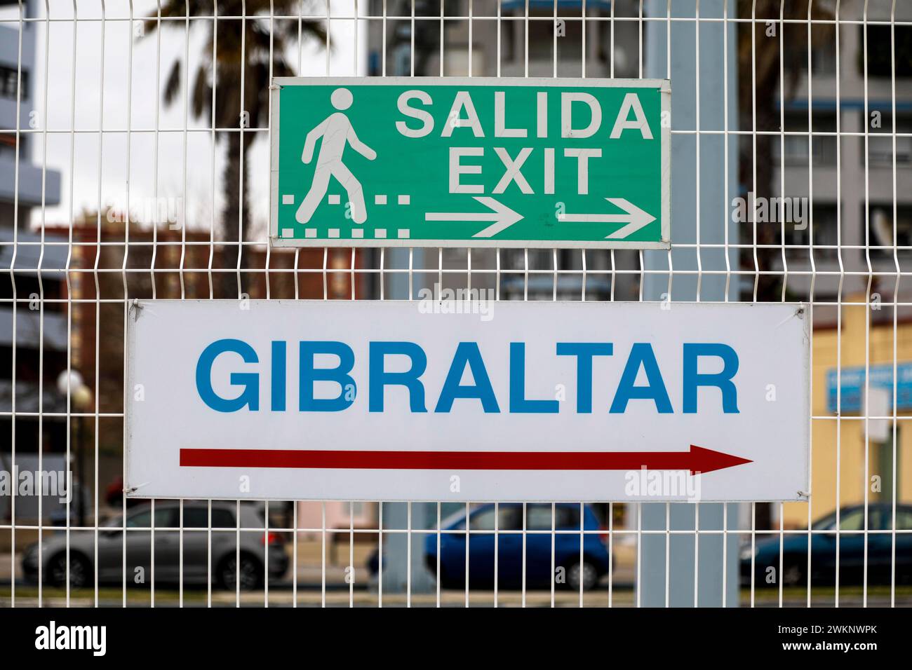 A sign on the Spanish border shows the way to Gibraltar, 14.02.2019 Stock Photo