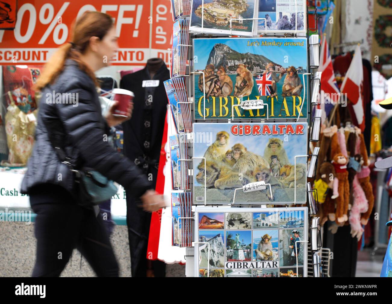 A shop in Gibraltar offers postcards with Gibraltar motifs.thousands of Spaniards commute from Spain to Gibraltar every day to get to their Stock Photo