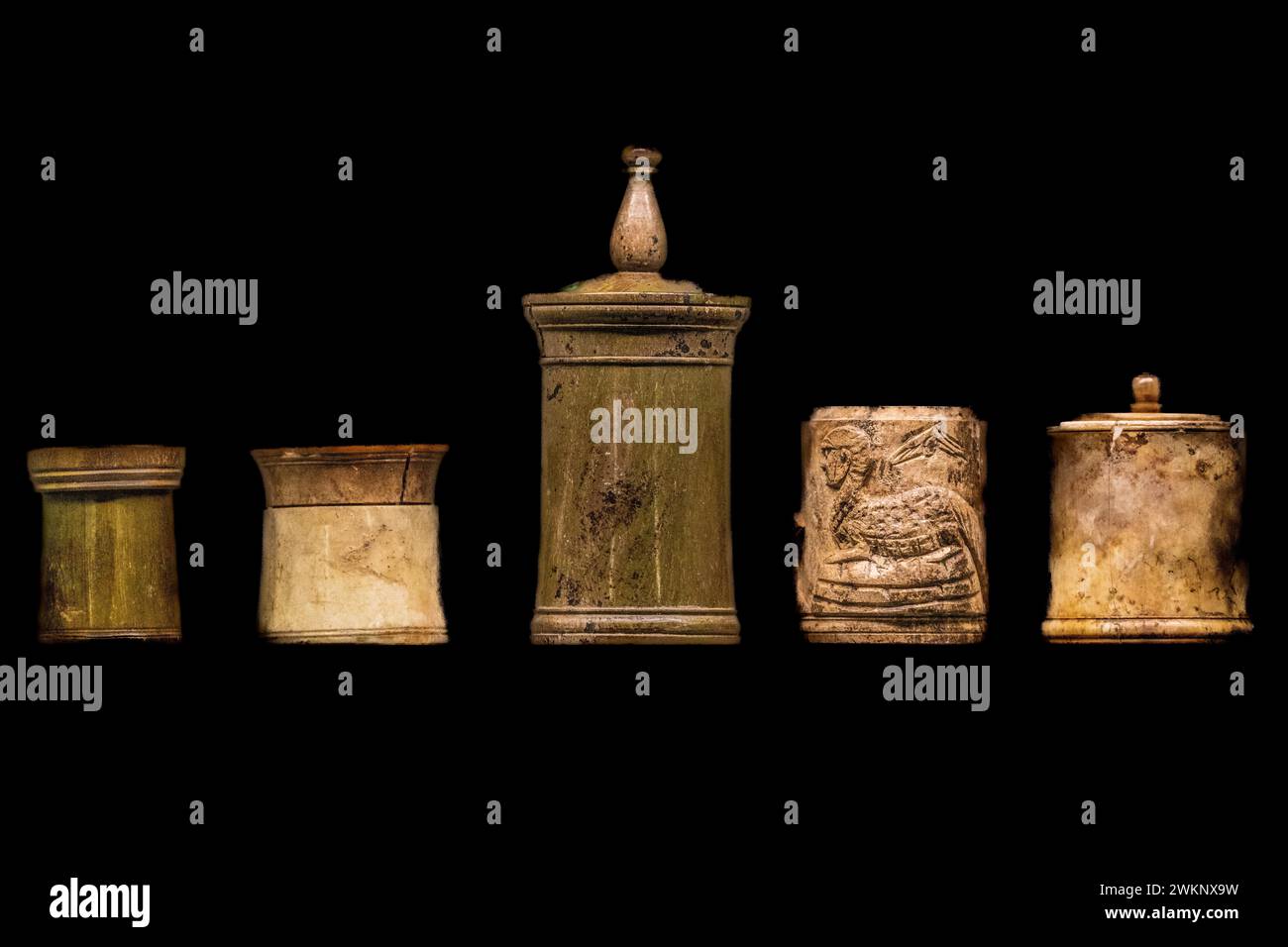 Toilet and make-up vessels, 1st-4th century, National Archaeological Museum, Villa Cassis Faraone, UNESCO World Heritage Site, important city in the Stock Photo