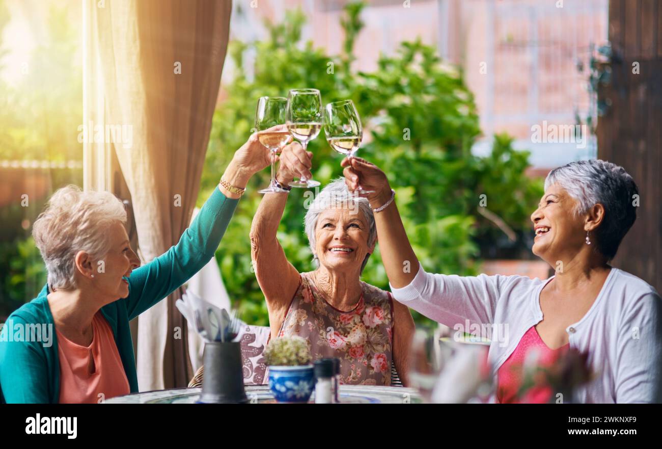 Cheers, wine and elderly with friends in restaurant for bonding, lunch and relax. Retirement, hospitality and happiness with senior people with drink Stock Photo
