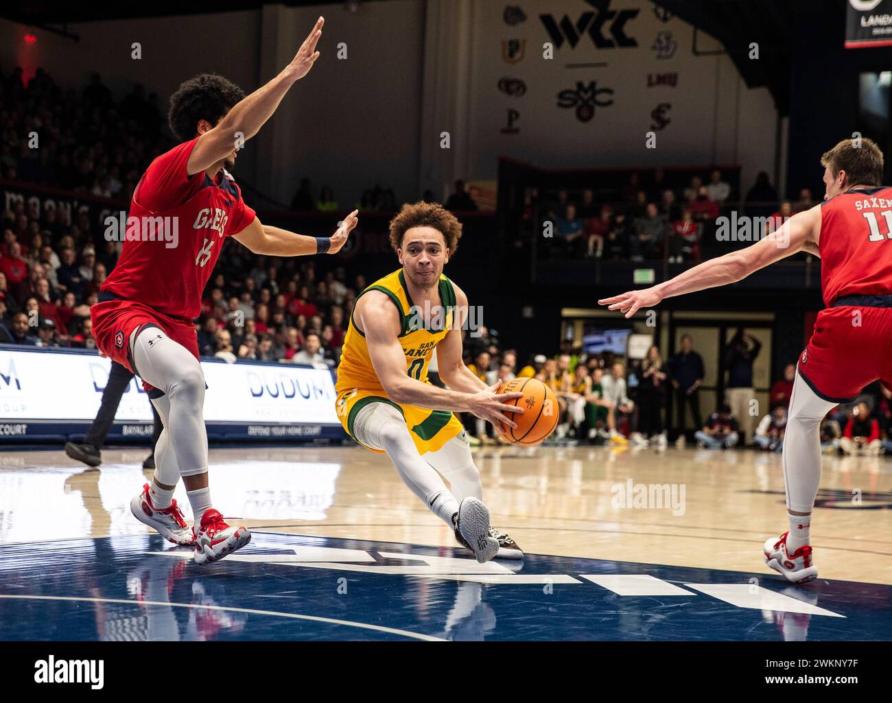 February 20 2024 Moraga CA, U.S.A. San Francisco guard Ryan Beasley (0)goes to the hoop during