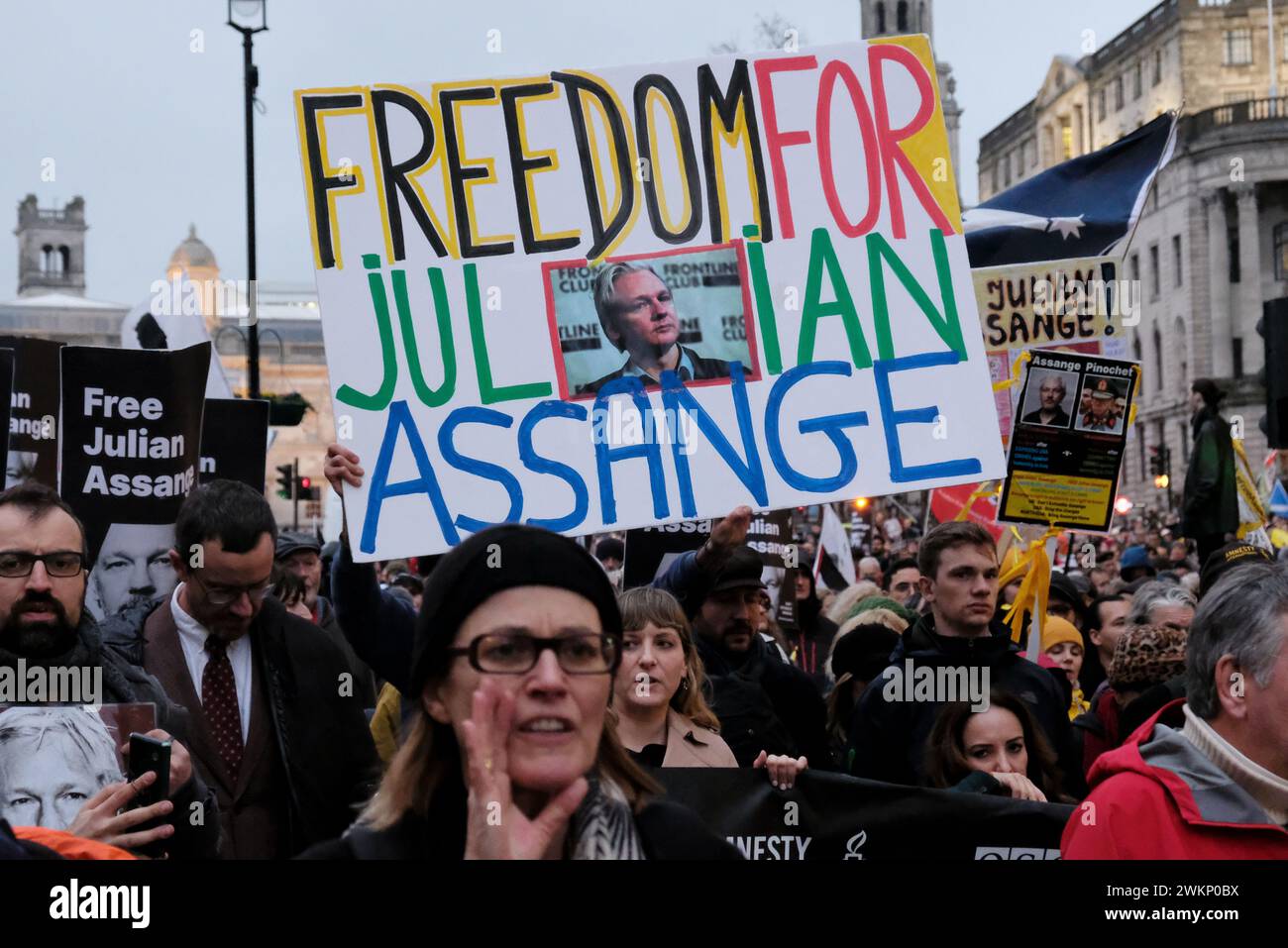 London, UK, 21st February, 2024. Julian Assange supporters march to Downing Street for a rally after the second and final day of a High Court hearing challenging the extradition of the WikiLeaks founder to the US, where he could face 175 year prison sentence. Credit: Eleventh Hour Photography/Alamy Live News Stock Photo