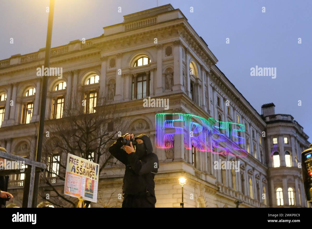 London, UK, 21st February, 2024. Julian Assange supporters march to Downing Street for a rally after the second and final day of a High Court hearing challenging the extradition of the WikiLeaks founder to the US, where he could face 175 year prison sentence. Credit: Eleventh Hour Photography/Alamy Live News Stock Photo