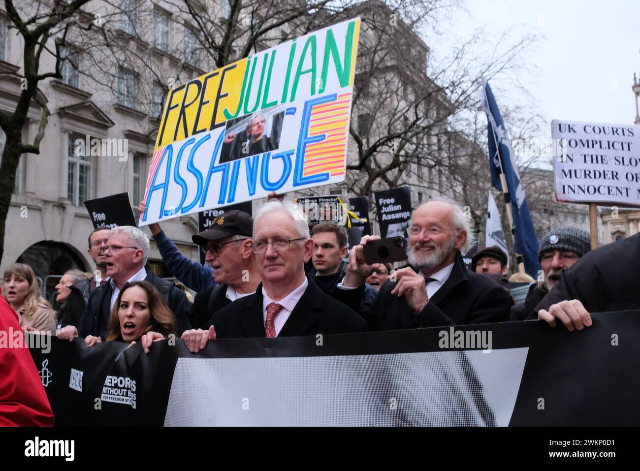 London, UK, 21st February, 2024. Stella Assange leads supporters in a march to Downing Street for a rally, after the second and final day of a High Court hearing, challenging the extradition of the WikiLeaks founder to the US, where he could face 175 year prison sentence. Credit: Eleventh Hour Photography/Alamy Live News Stock Photo