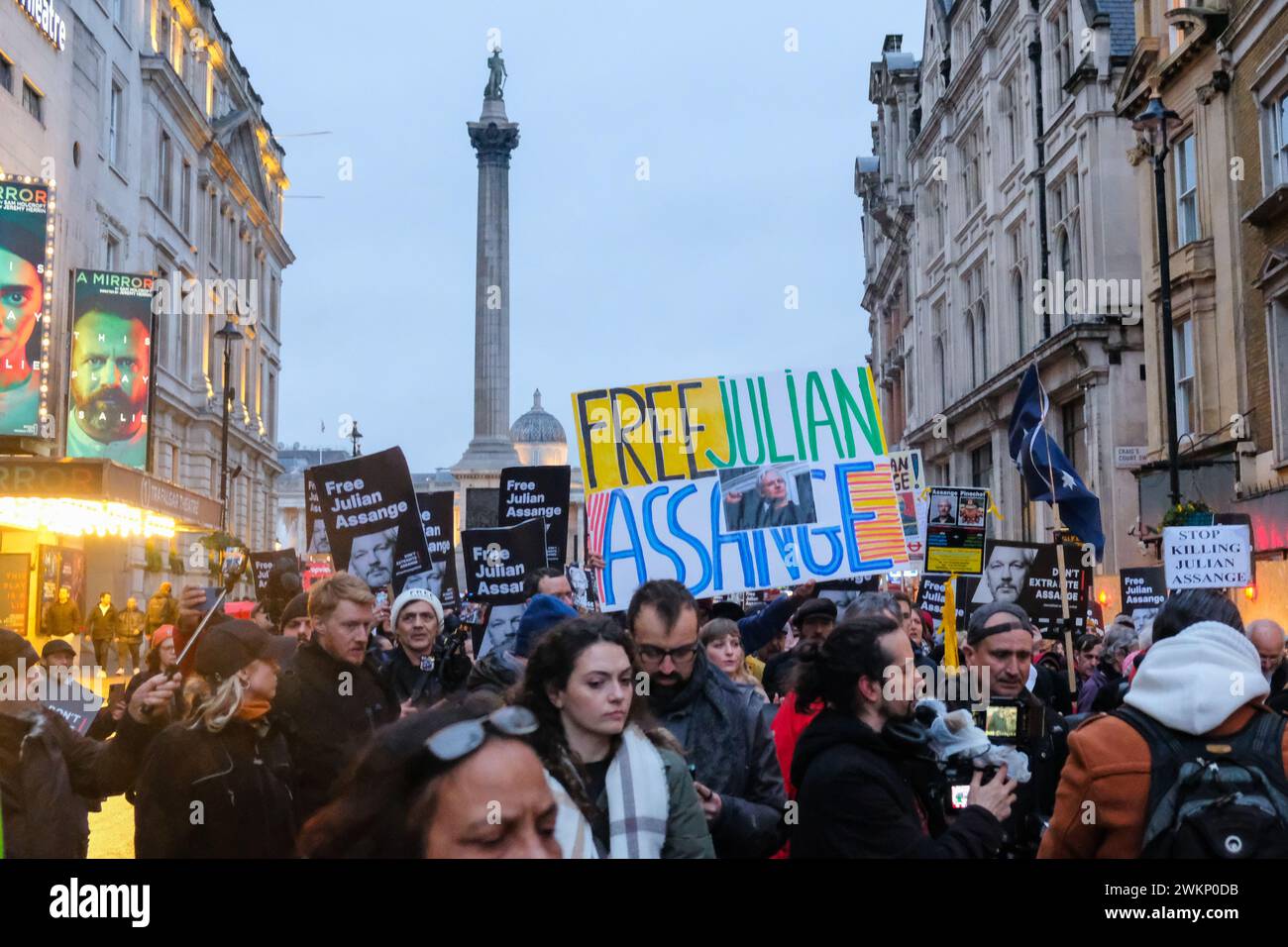 London, UK, 21st February, 2024. Julian Assange supporters march to Downing Street for a rally after the second and final day of a High Court hearing challenging the extradition of the WikiLeaks founder to the US, where he could face 175 year prison sentence. Credit: Eleventh Hour Photography/Alamy Live News Stock Photo