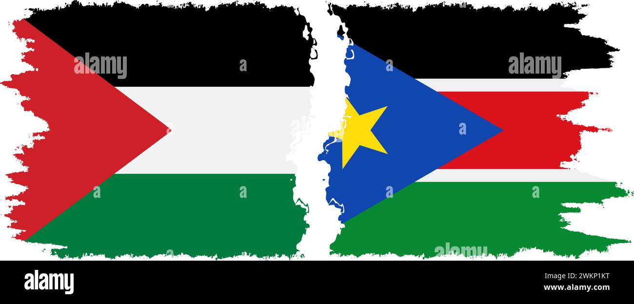 South Sudan and Palestine grunge flags connection, vector Stock Vector