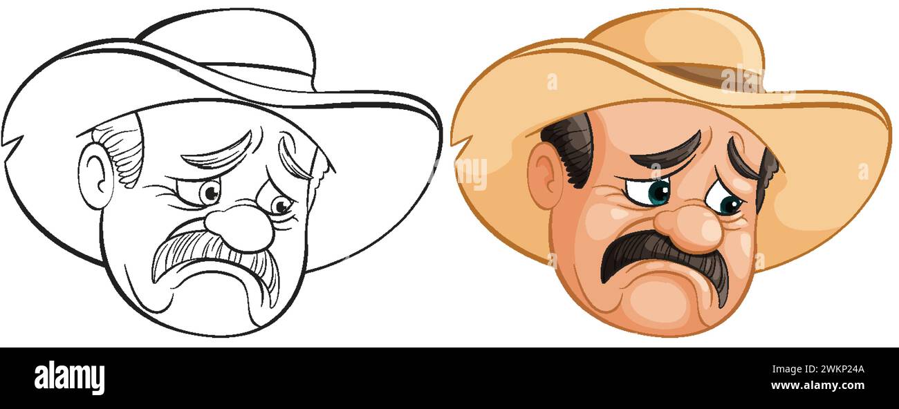 Illustration of a cowboy's face, showing emotion Stock Vector