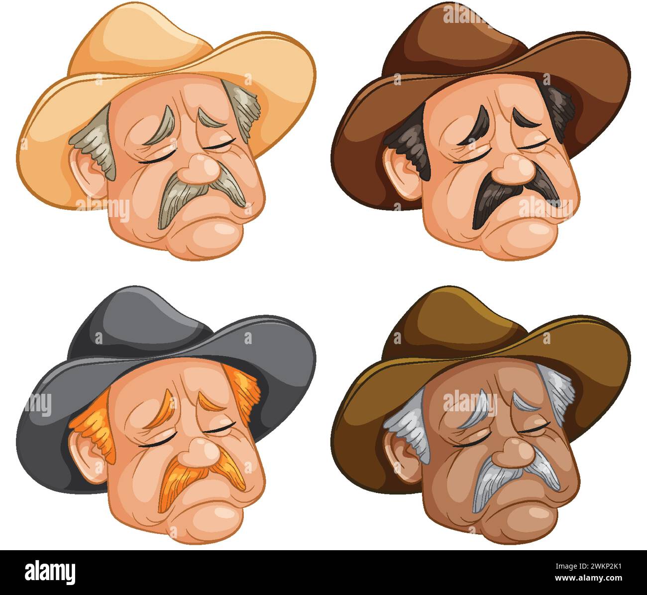 Four distinct cowboy facial expressions in vector style. Stock Vector