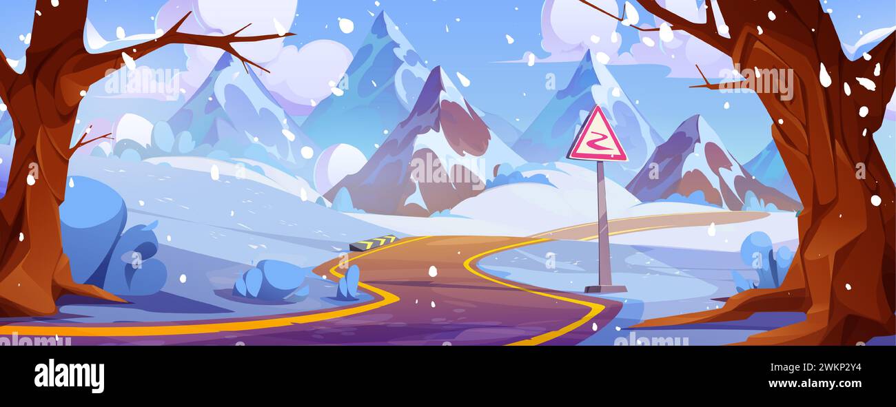 Snowy mountain landscape with winding road. Vector cartoon illustration of curvy serpentine highway with blizzard, piles of snow on roadside hills, warning traffic sign, old trees, winter scenery Stock Vector