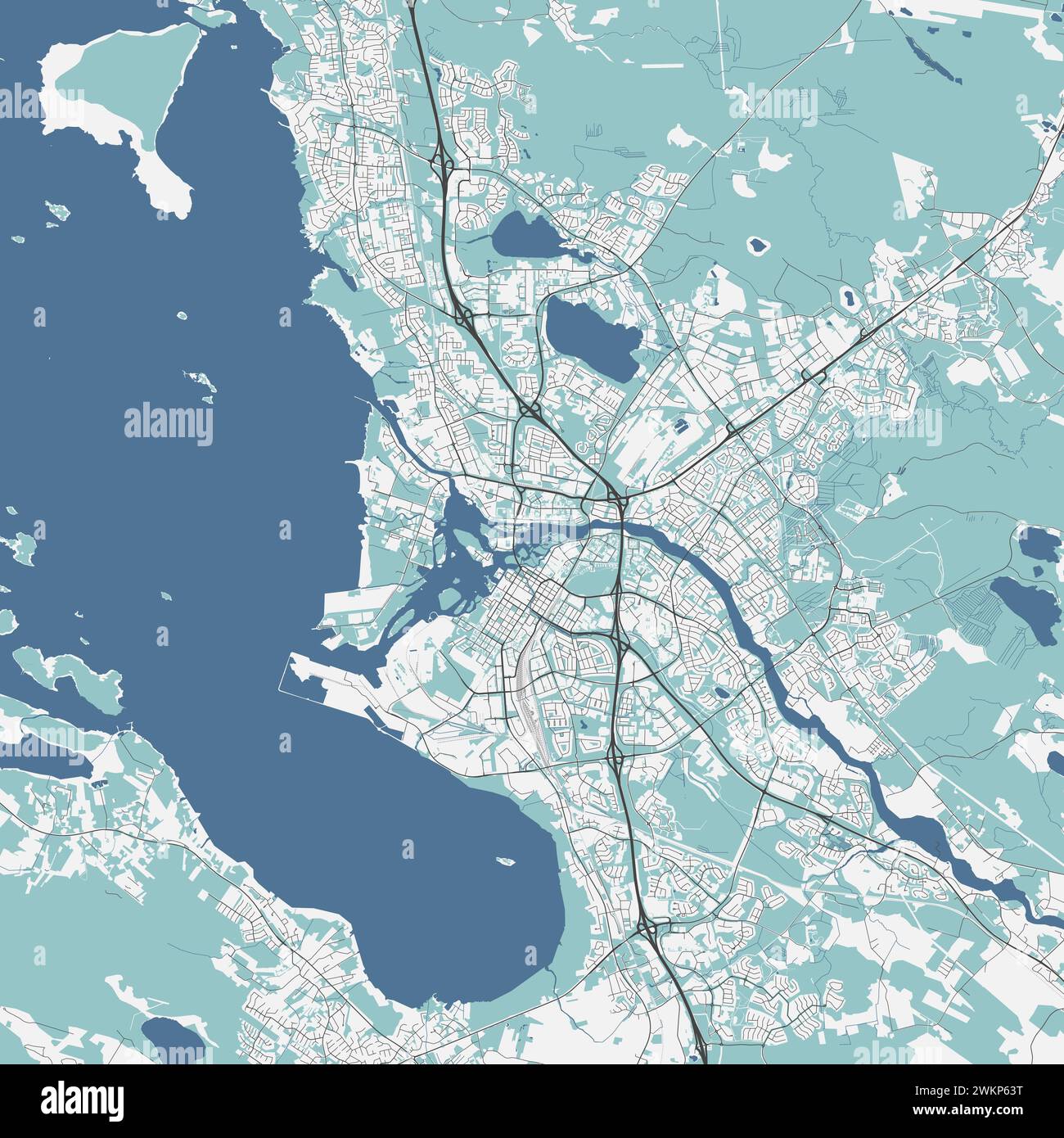 Map of Oulu, Finland. Detailed city vector map, metropolitan area. Streetmap with roads and water. Stock Vector