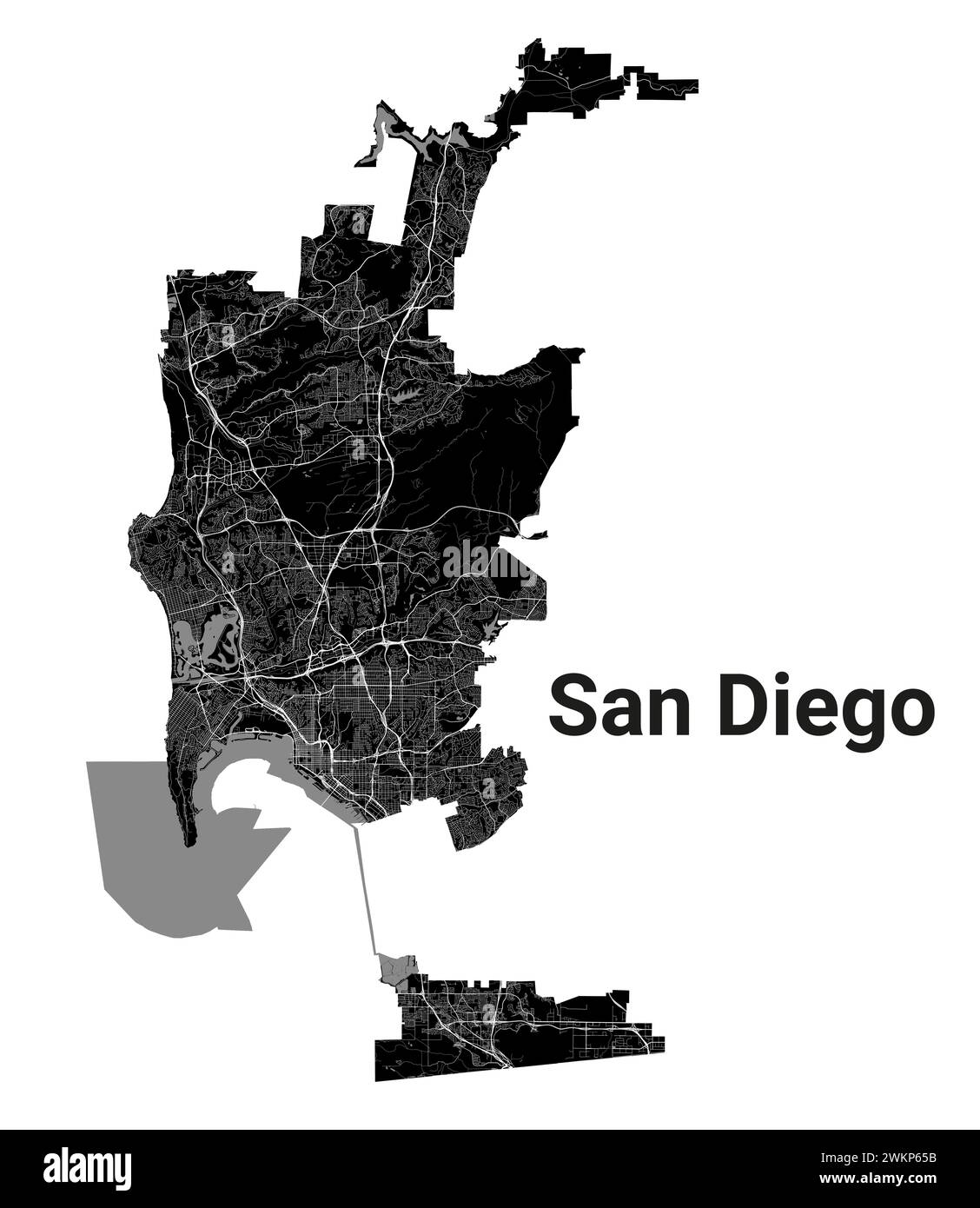 San Diego city map United States - San Diego City Map United States Municipal Administrative Borders Black And White Area Map With Rivers And Roads Parks And Railways Vector Illust 2WKP65B