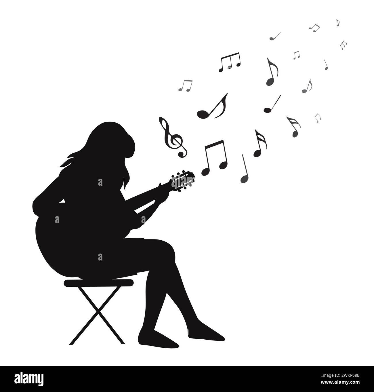 Vector black silhouette of a girl playing an acoustic guitar with ...