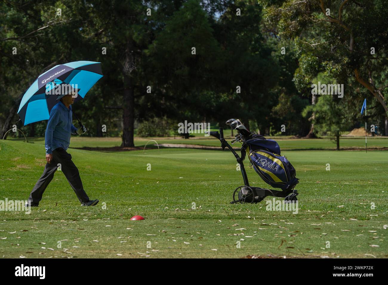 Adelaide, SA Australia 22 February 2024 . A golfer shelters with an ...