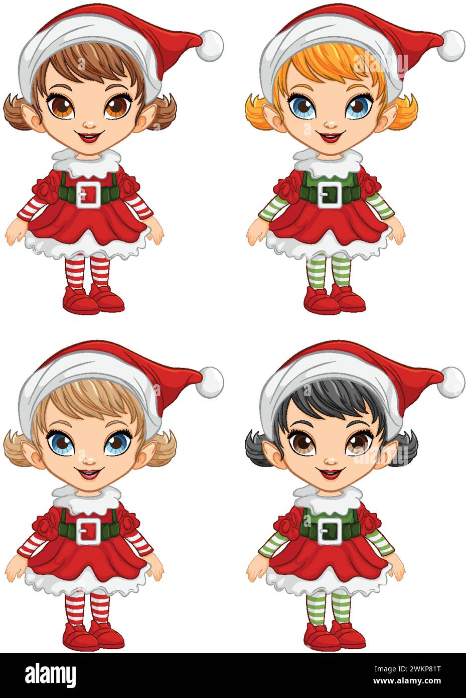 Four cartoon elves in festive Christmas attire. Stock Vector
