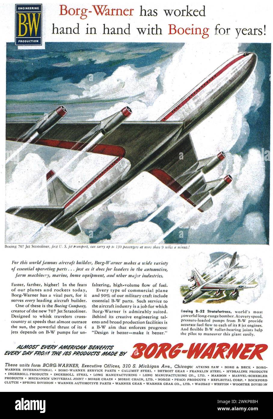 1954 Borg-Warner Airplanes Print Ad. Boeing 707 Jet Stratoliner, Boeing B-52 Stratofortress Stock Photo