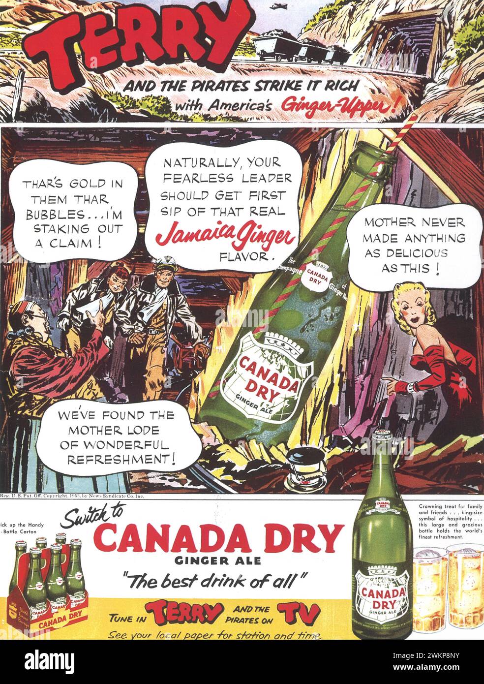 1953 Canada Dry ginger ale print ad. Terry and the pirates strike it rich with America's ginger-upper! Stock Photo