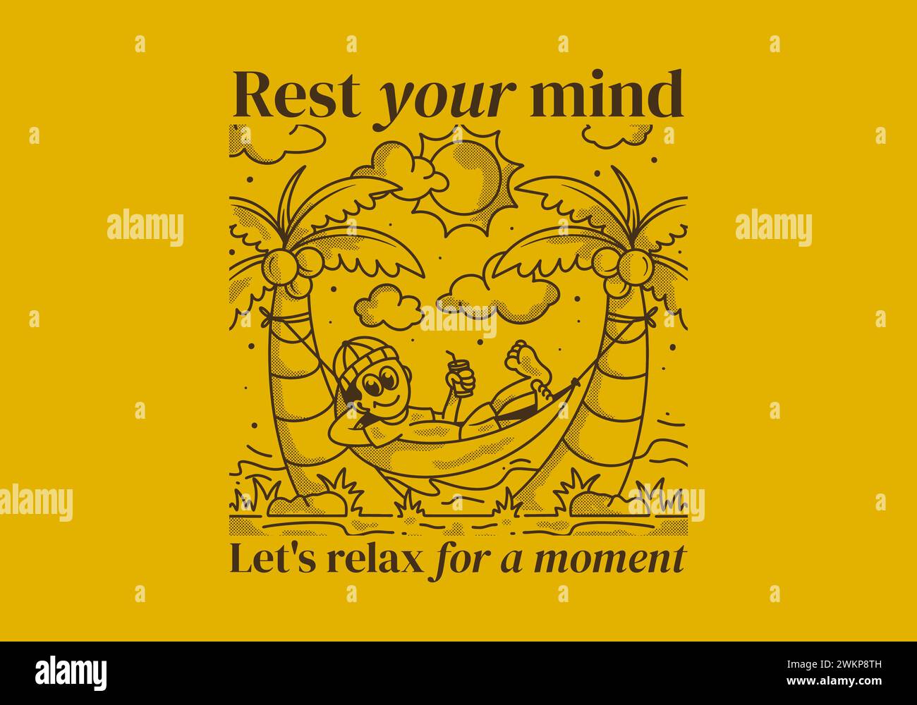 Rest your mind, let's relax for a moment. Retro illustration of a guy hanging on the hammock Stock Vector