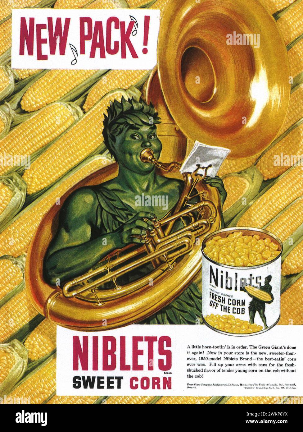 1950 Niblets canned sweet corn print ad. The Green Giant Stock Photo