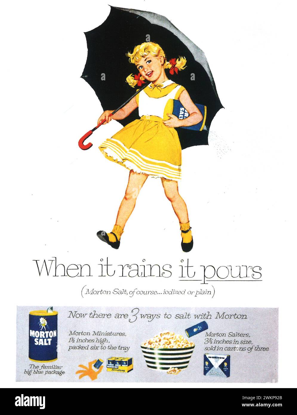 1957 Morton Salt Print Ad. 'When it rains it pours' Stock Photo