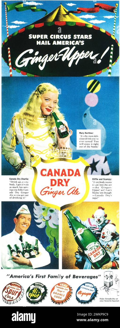 1950 Canada dry ginger ale print ad. 'Super circus stars hail America's ginger upper.' Stock Photo