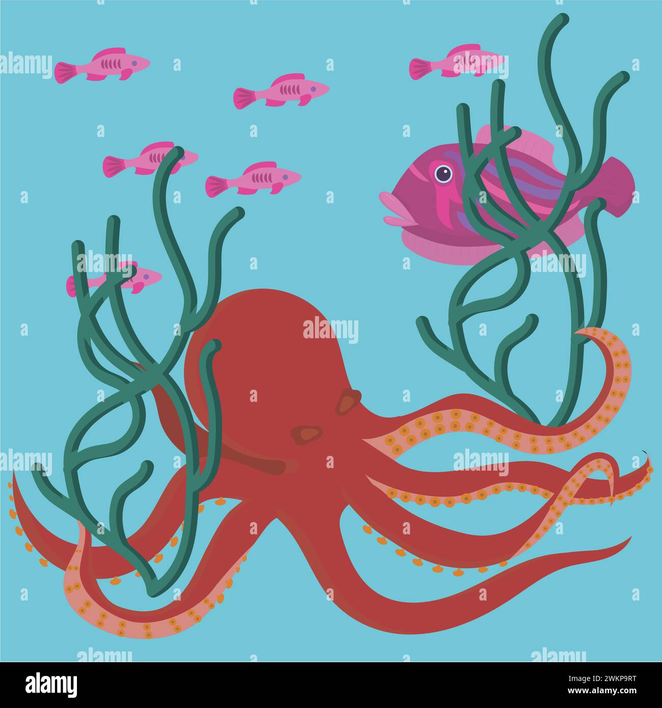 Orange octopus with fish and seaweed in cartoon style. Vector ...