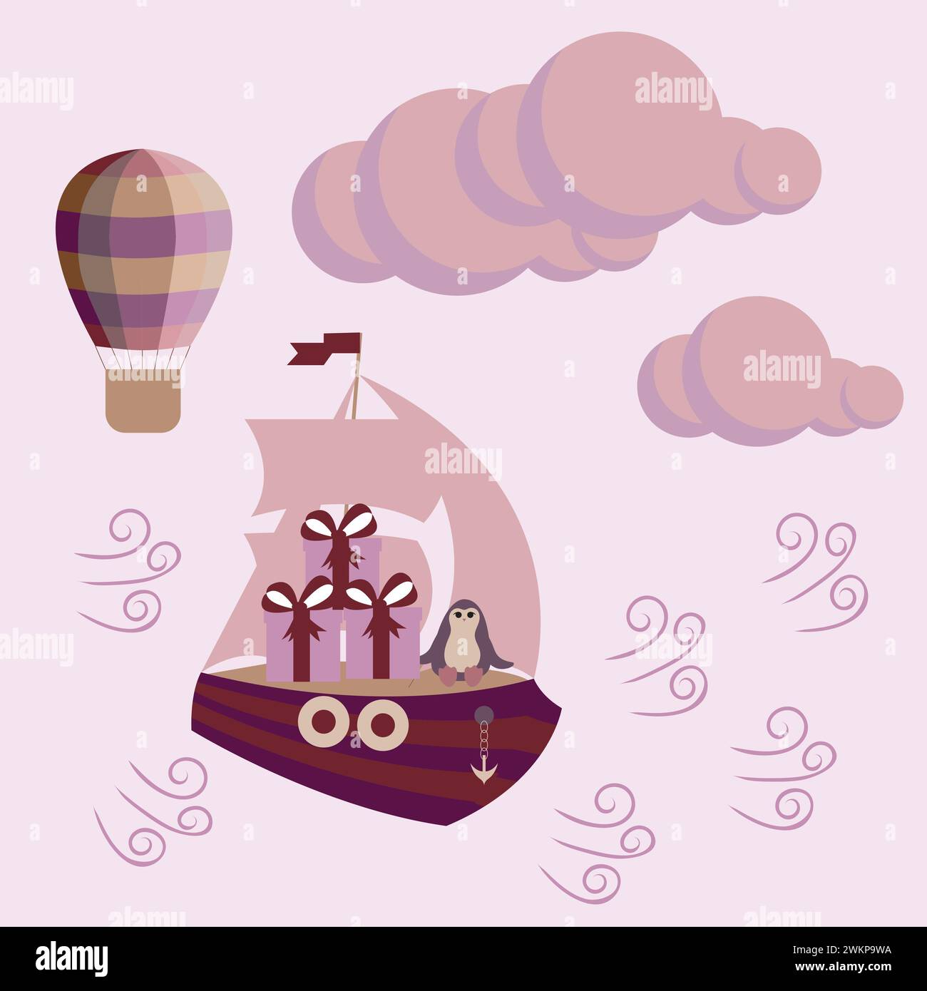 The penguin carries gifts on a sailing ship. In the distance you can see a hot air balloon among the Stock Vector