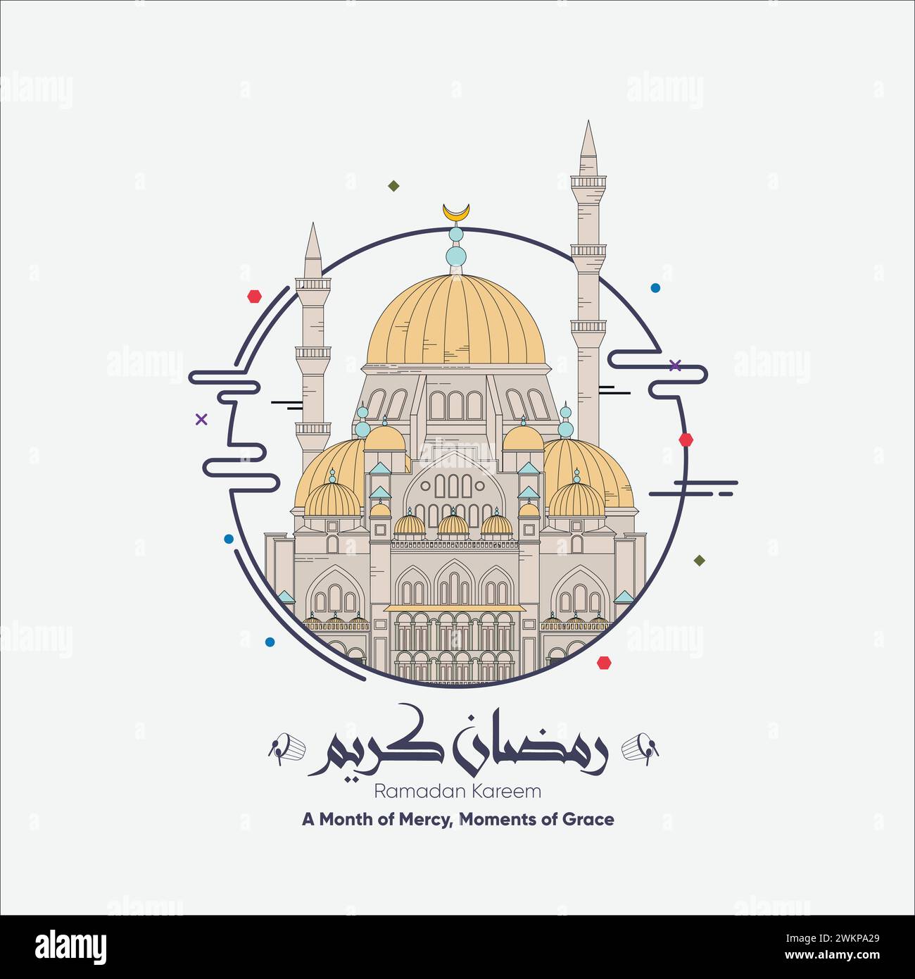 Celebrate Ramadan Kareem with line art mosque illustration and Islamic iconic elements. Minimal Ramadan Kareem design. Stock Vector