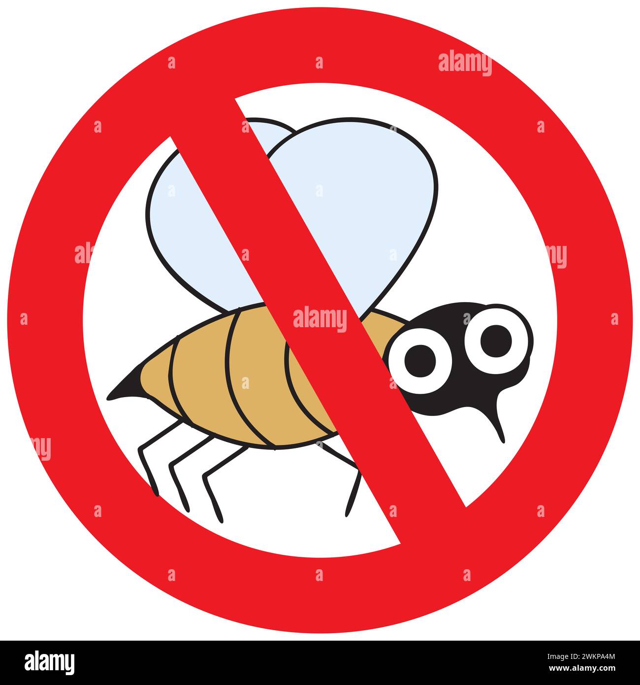 A cute bee crossed out with a prohibition sign. Vector illustration isolated on a white background. Stock Vector