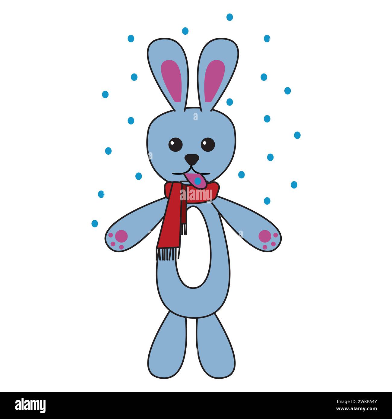 Bunny catches snowflakes with her tongue. Cute childish art in cartoon