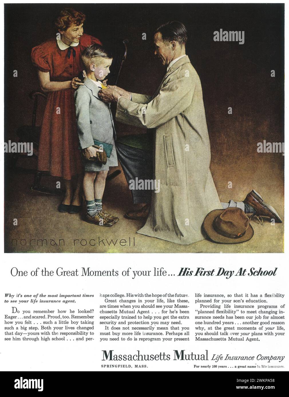1950 Massachusetts Mutual Life Insurance Company print ad. 'His First Day at School' painting by Norman Rockwell Stock Photo