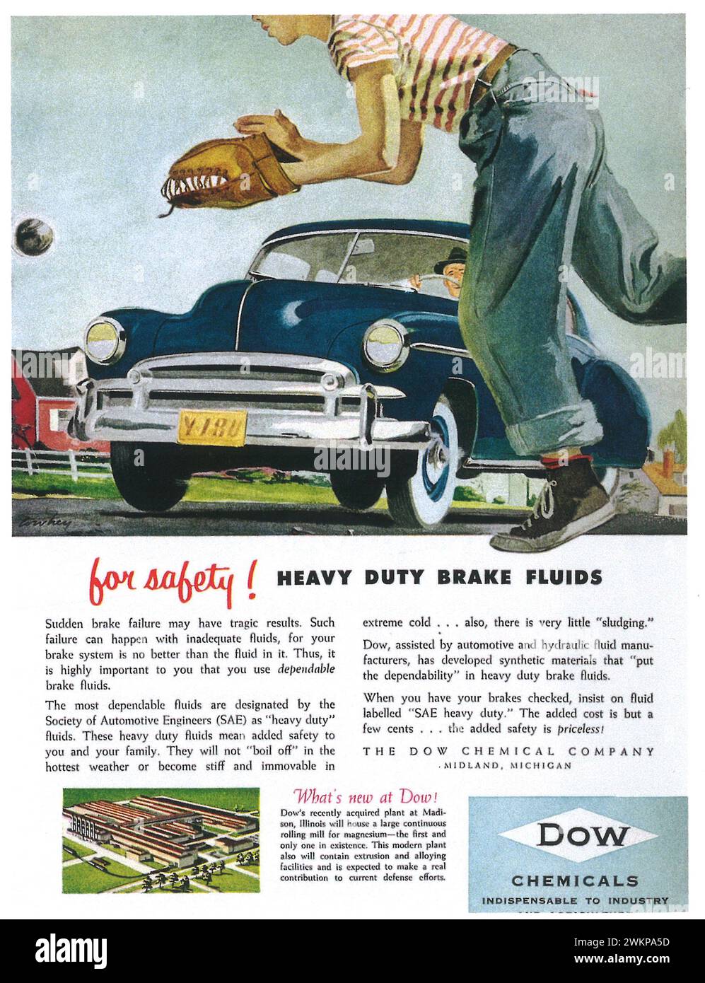 1952 Dow Chemicals print Ad. 'For safety. Heavy duty brake fluids.' Stock Photo
