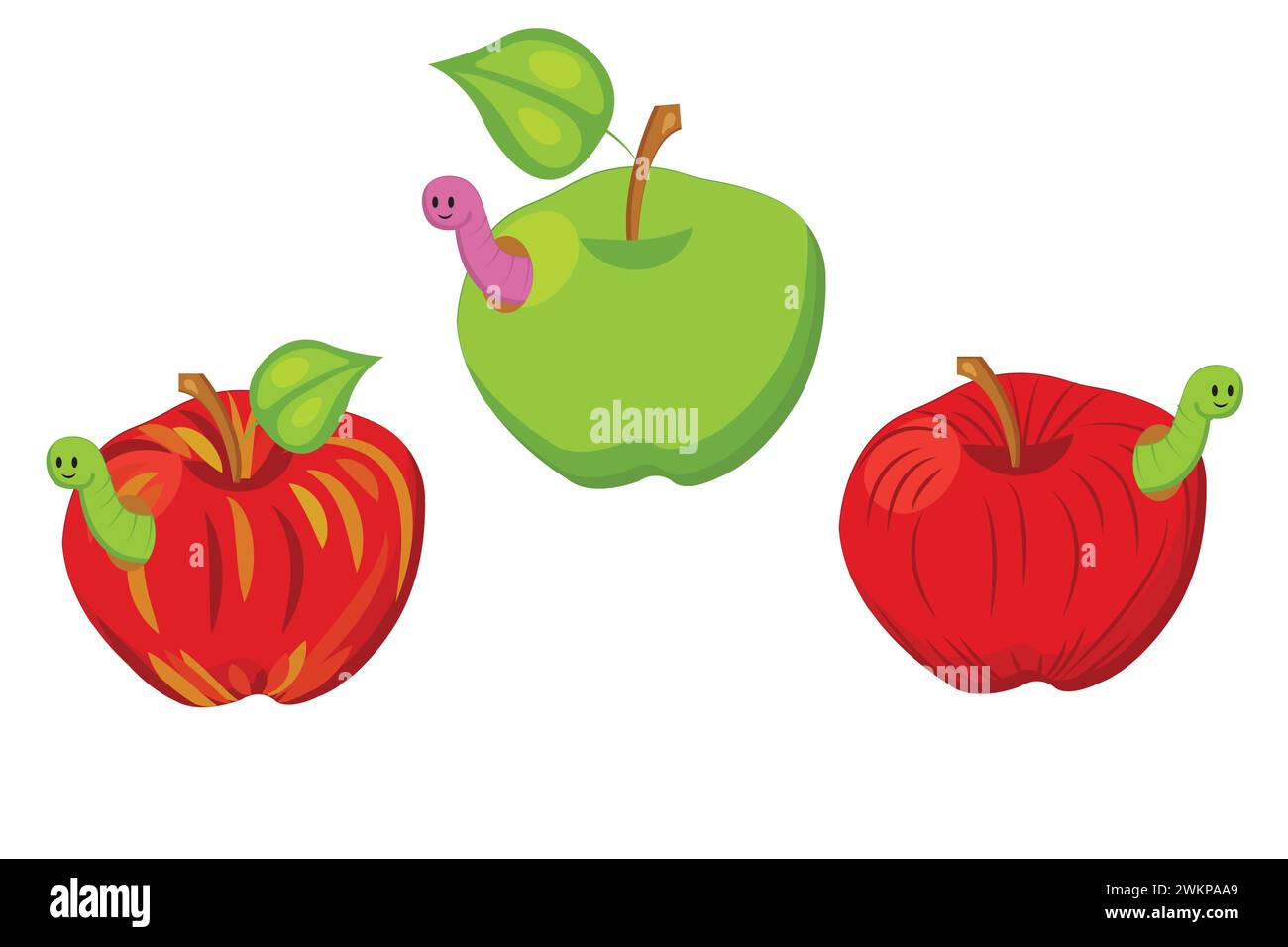 Set of red and green apples with smiling worms. Vector illustration in cartoon style isolated on a white background. Stock Vector