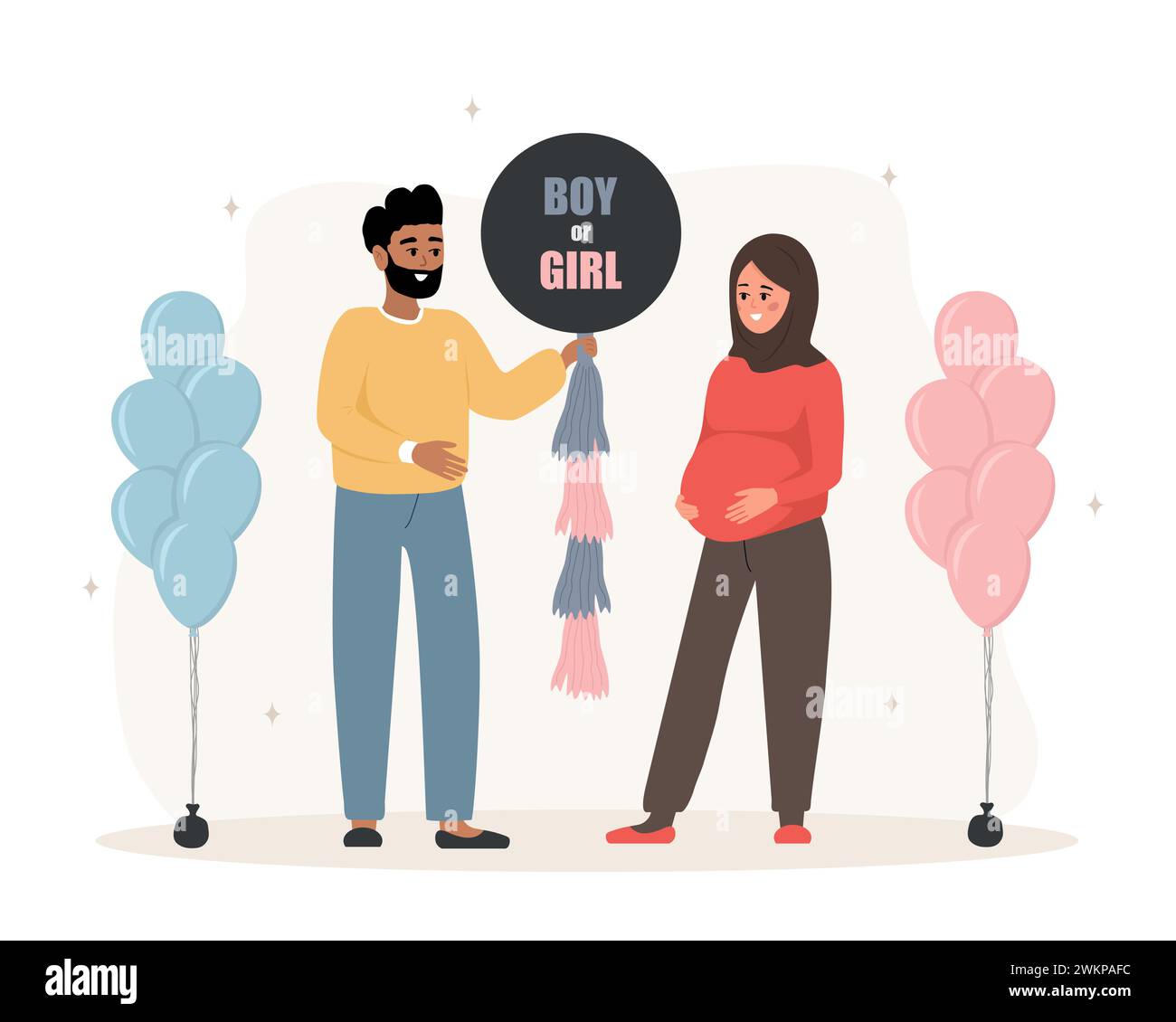 Gender reveal party. Couple holding balloon with inscription Boy or girl. Islamic family dreaming about of her future baby. Pregnant woman hugs her Stock Vector